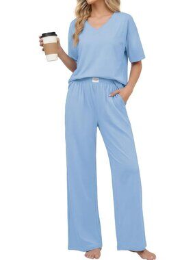 Women's Light Blue Cotton Short Sleeve Sleepwear Pant Pockets Pajama Set